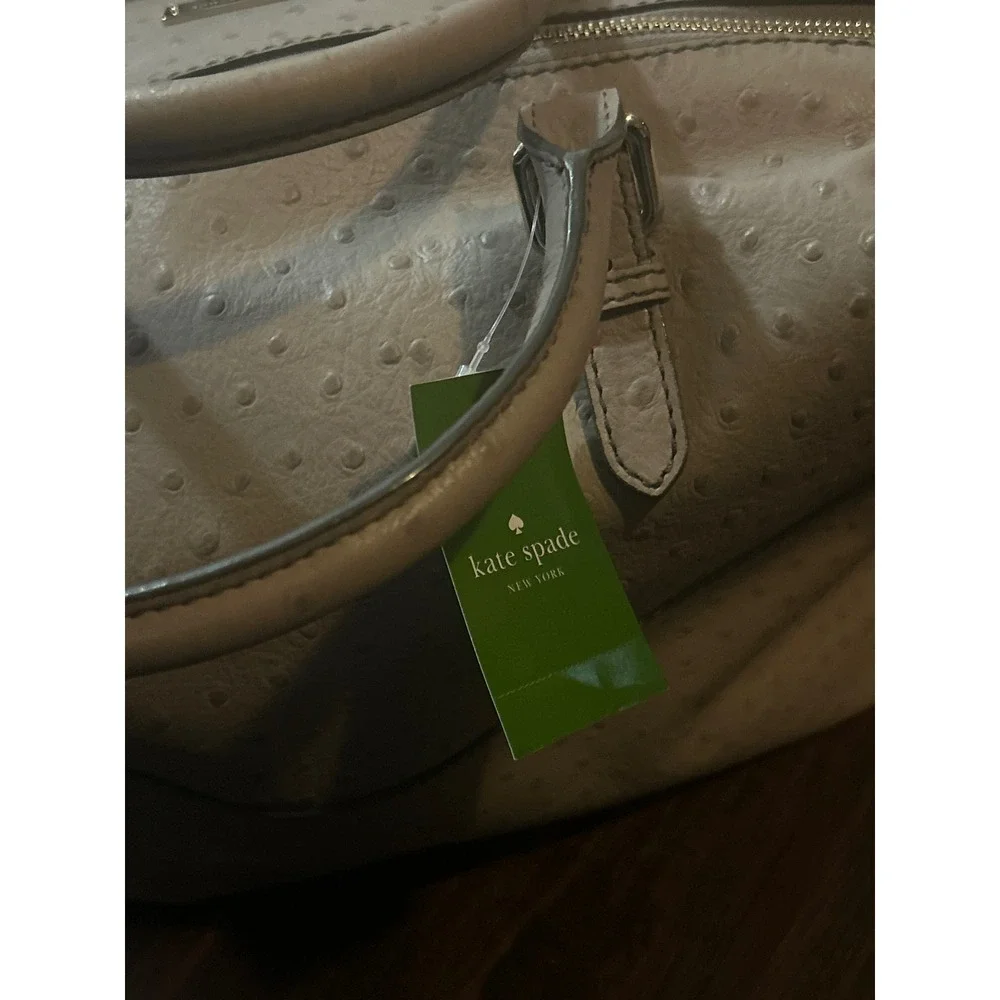 Kate Spade New York Ostrich Embossed Satchel Bag Light Grey Silver Tone NEW